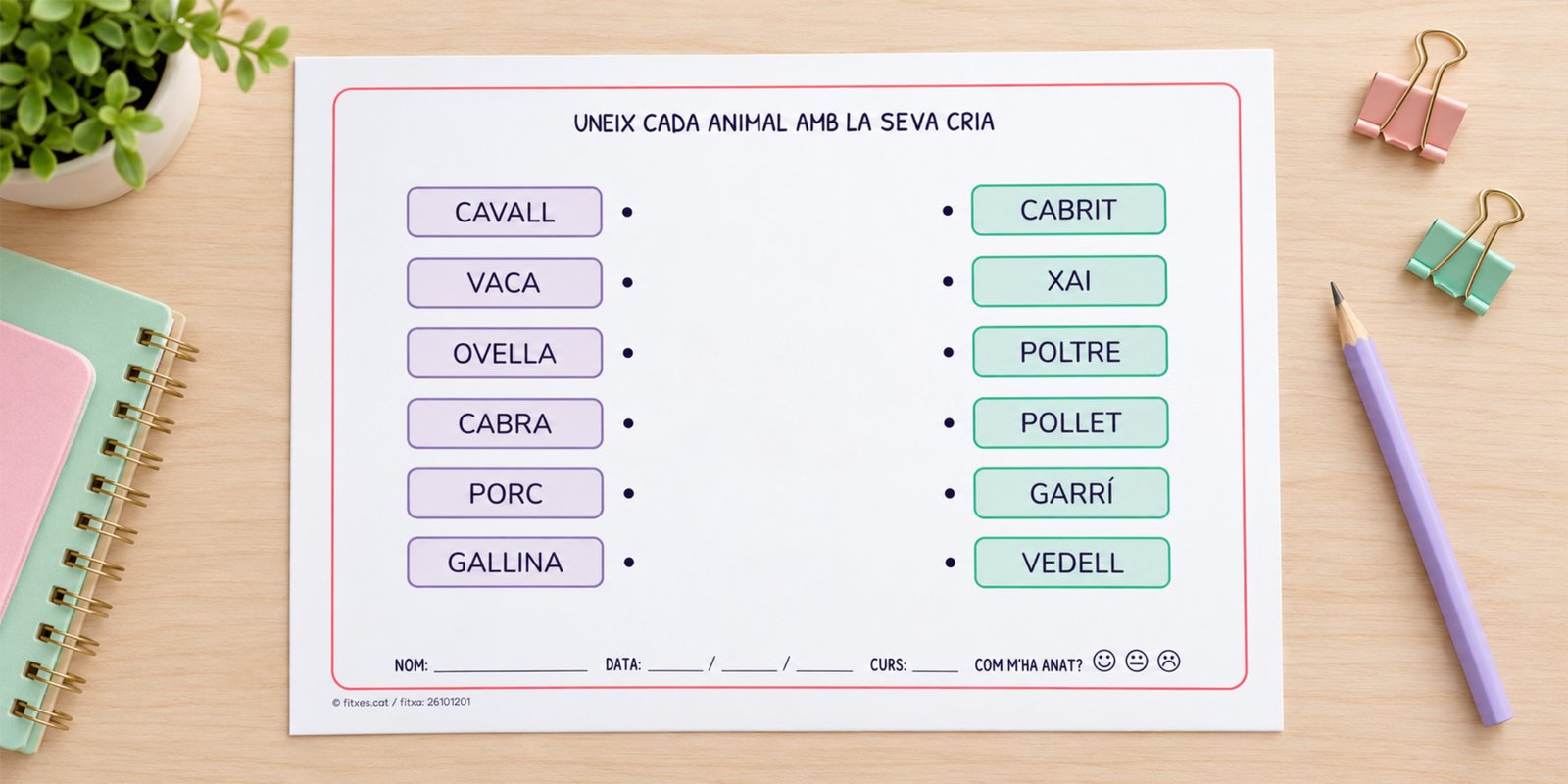 Fitxa per unir cada animal amb el nom de la seva cria, per a 1r i 2n de Primària en català.