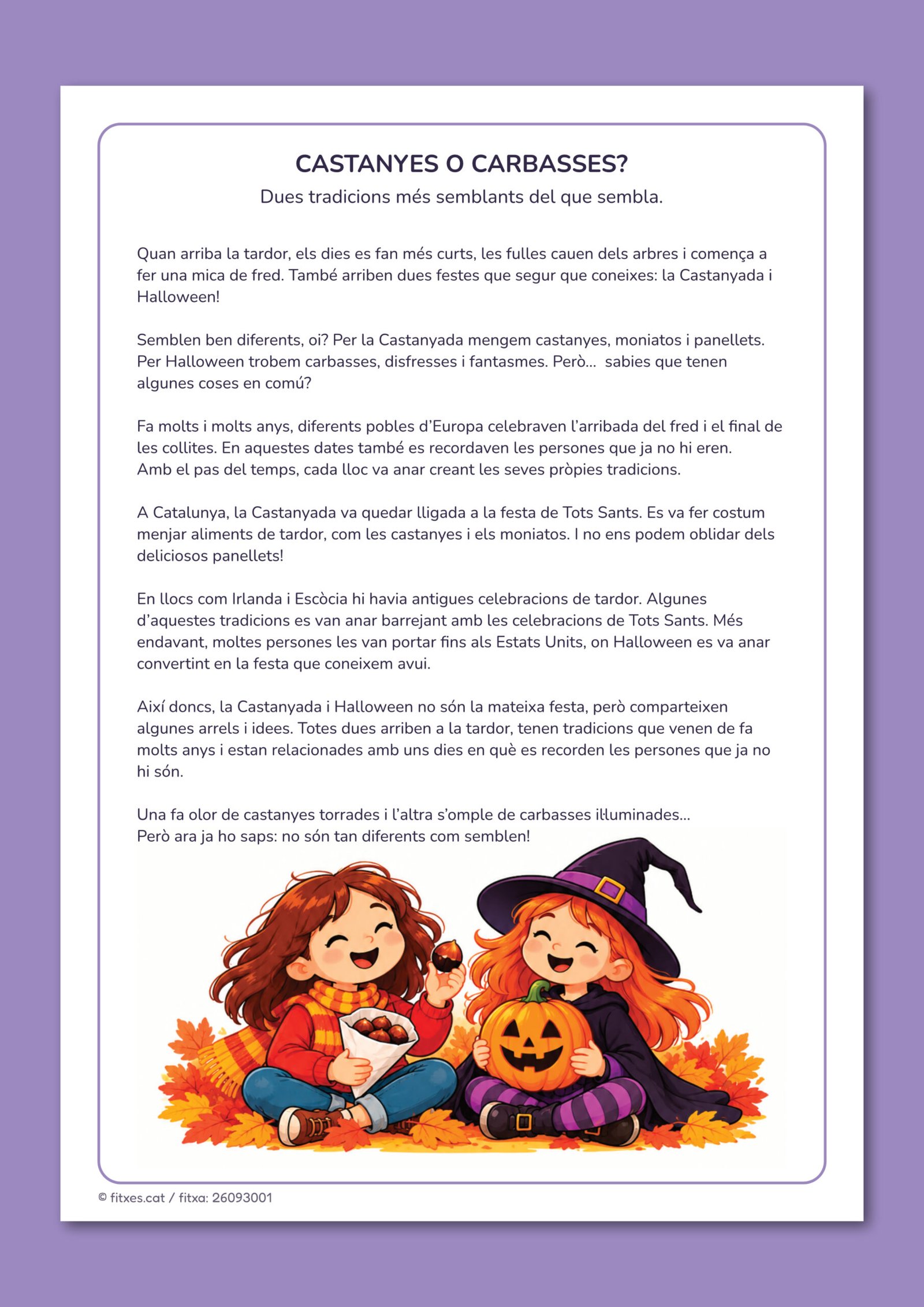 Lectura sobre els orígens de la Castanyada i Halloween per treballar la comprensió lectora a 3r i 4t de Primària en català.