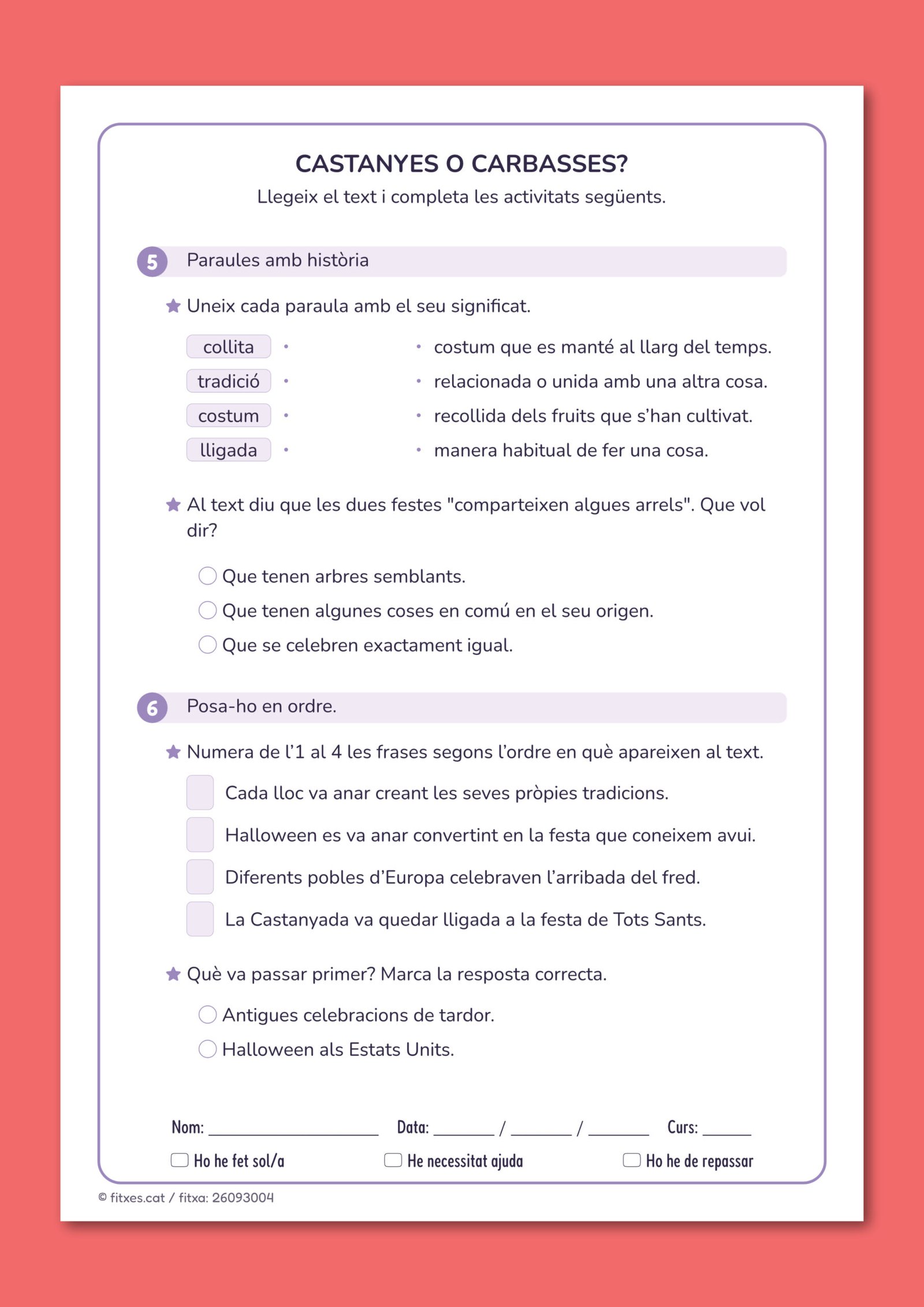 Activitats de comprensió lectora sobre el text de la Castanyada i Halloween, per a 3r i 4t de Primària en català.