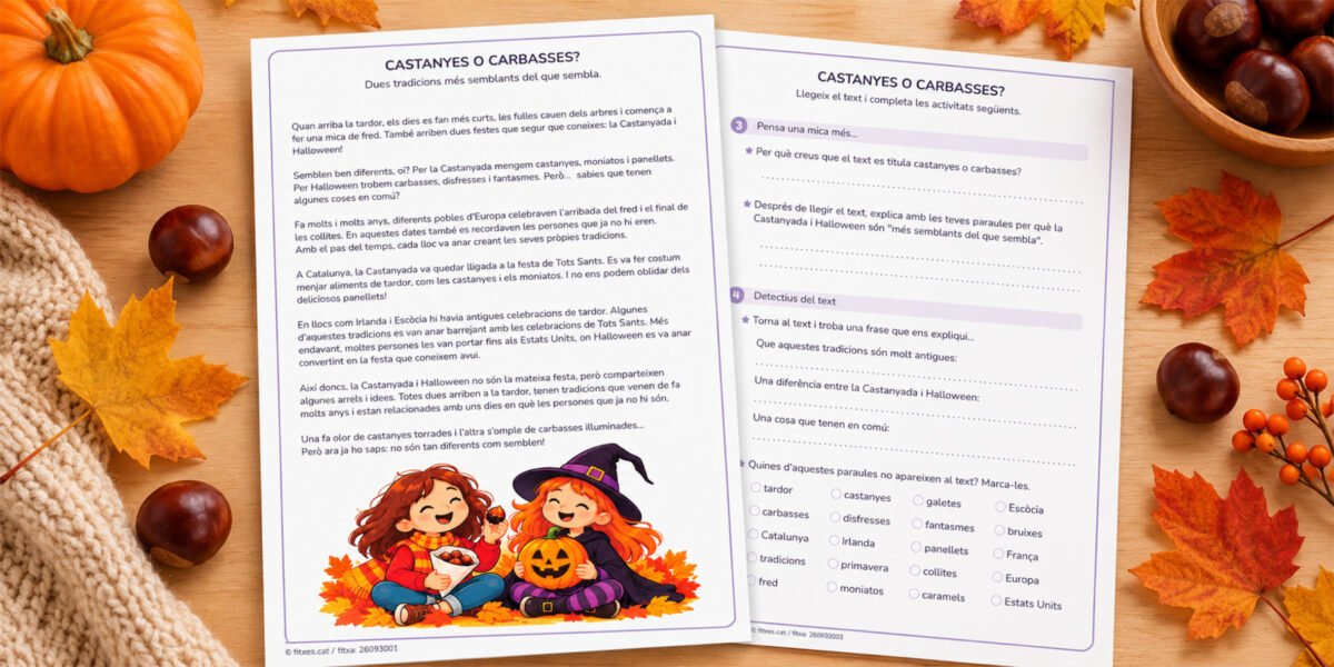 Fitxa de comprensió lectora sobre la Castanyada i Halloween amb lectura i activitats, per a 3r i 4t de Primària en català.