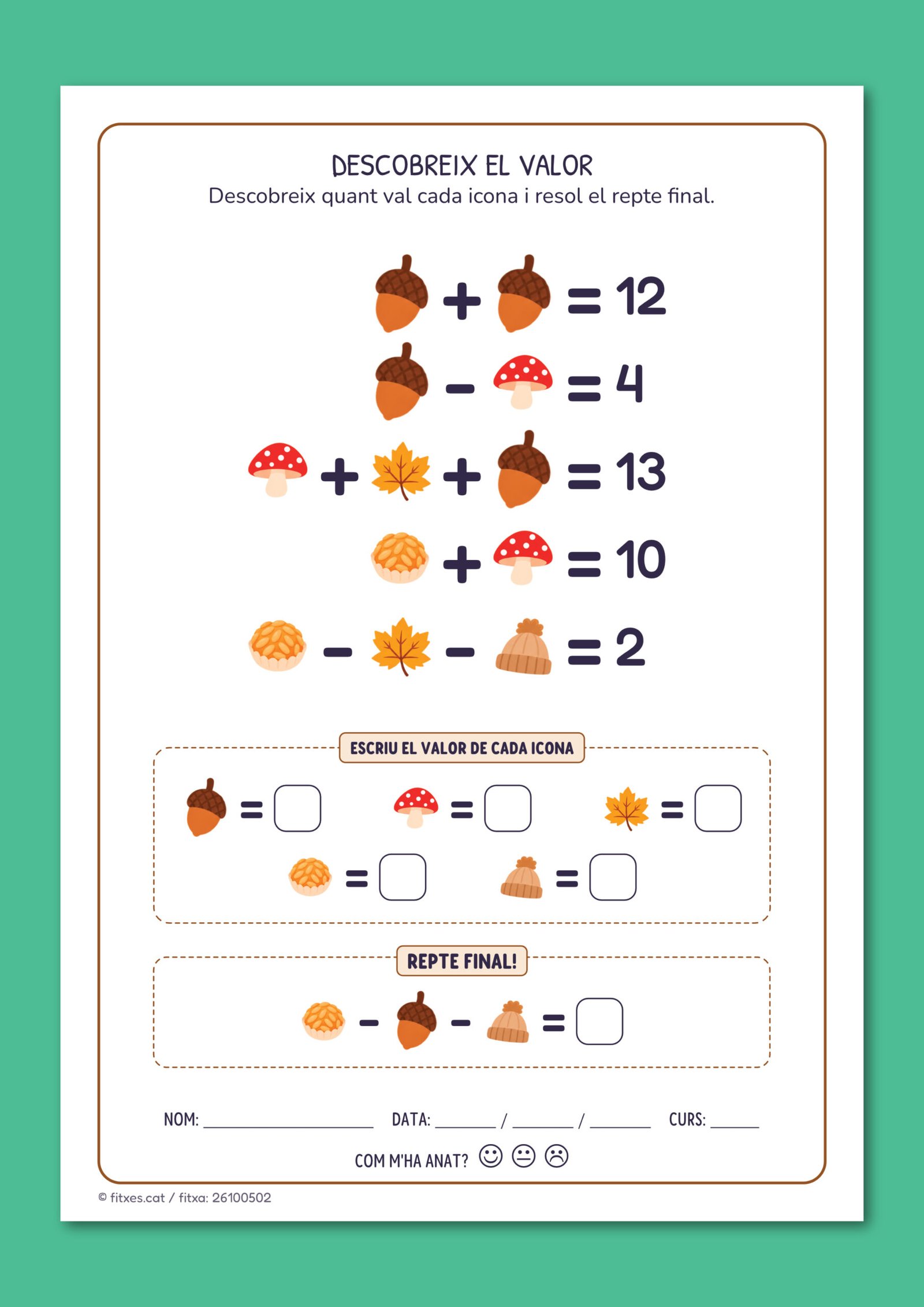 Activitat per descobrir el valor de carbasses, fulles, castanyes, pinyes i bolets a partir de sumes i restes, per a 2n de Primària en català.