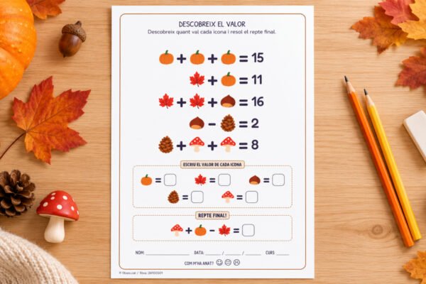 Fitxa de lògica matemàtica per descobrir quant val cada icona de tardor amb sumes i restes, per a 2n de Primària en català.