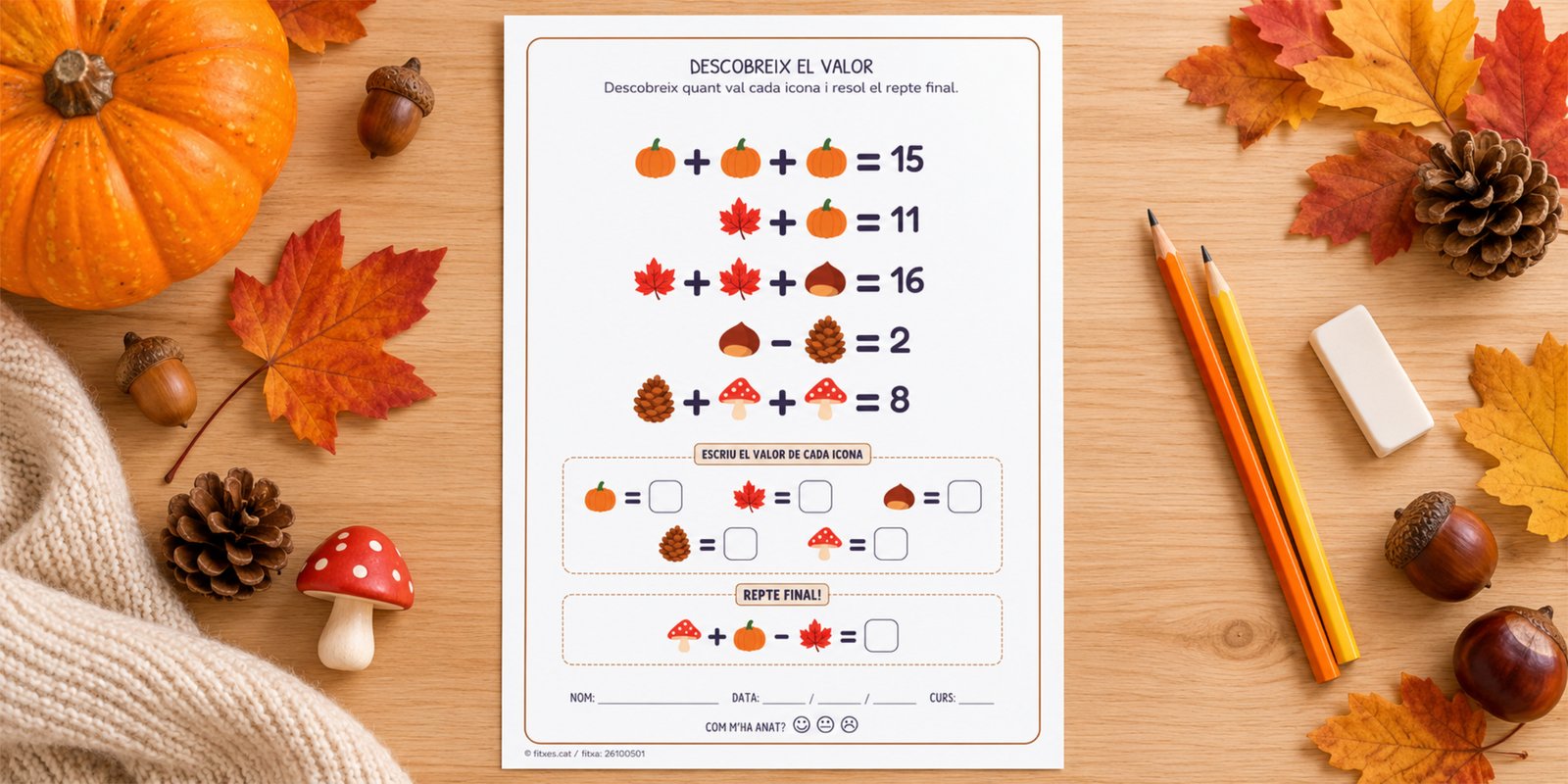 Fitxa de lògica matemàtica per descobrir quant val cada icona de tardor amb sumes i restes, per a 2n de Primària en català.
