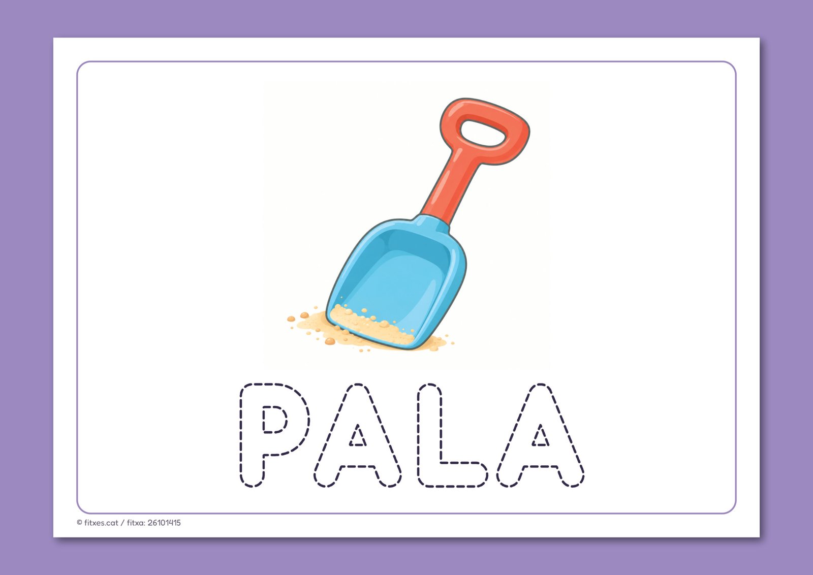 Fitxa per formar la paraula pala amb lletres manipulatives sobre el contorn, amb el dibuix d'una pala, per a I4 i I5 en català.