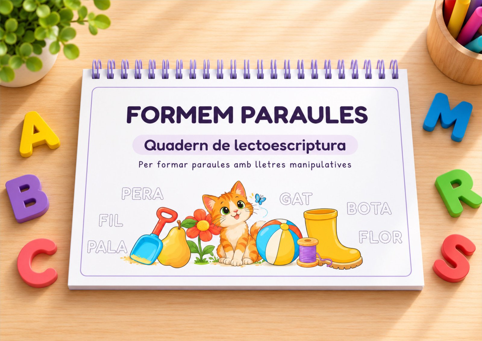 Quadern de lectoescriptura Formem paraules enquadernat en espiral, amb lletres manipulatives de colors, per a I4 i I5 en català.