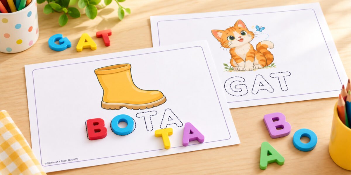 Quadern de lectoescriptura per formar paraules com bota i gat amb lletres manipulatives sobre el model, per a I4 i I5 en català.