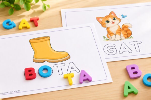 Quadern de lectoescriptura per formar paraules com bota i gat amb lletres manipulatives sobre el model, per a I4 i I5 en català.