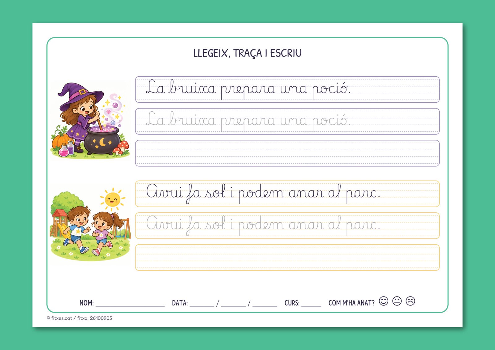 Fitxa de cal·ligrafia amb noves frases en lletra lligada per resseguir i copiar, amb dibuix de suport, per a 1r de Primària en català.