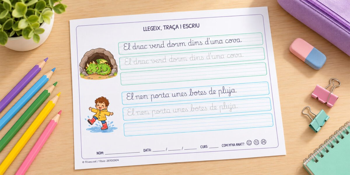 Fitxa de lectoescriptura per llegir, resseguir i escriure frases en lletra lligada, per a 1r de Primària en català.