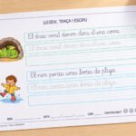 Fitxa de lectoescriptura per llegir, resseguir i escriure frases en lletra lligada, per a 1r de Primària en català.