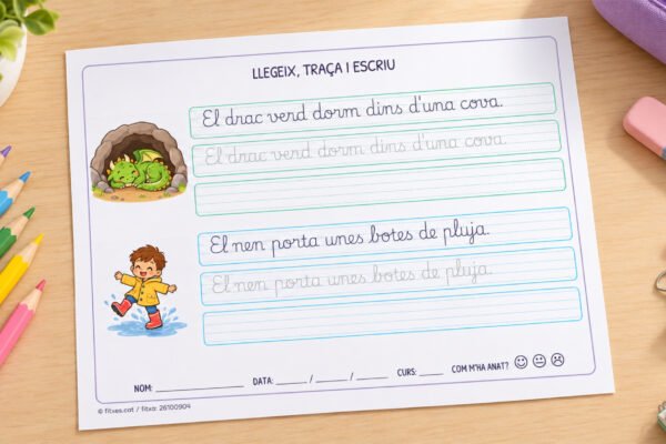 Fitxa de lectoescriptura per llegir, resseguir i escriure frases en lletra lligada, per a 1r de Primària en català.