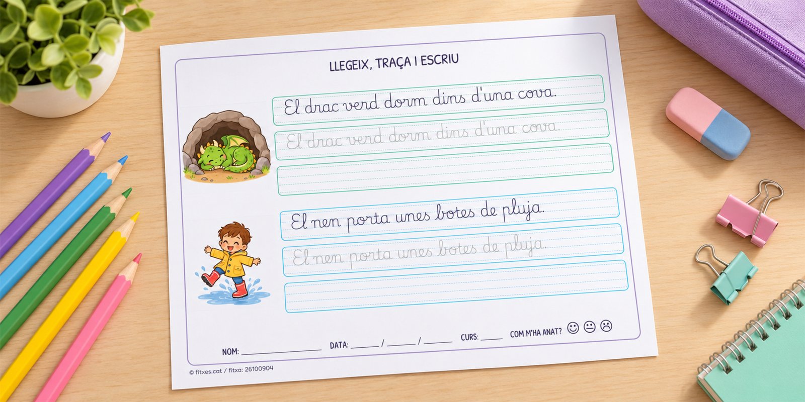 Fitxa de lectoescriptura per llegir, resseguir i escriure frases en lletra lligada, per a 1r de Primària en català.