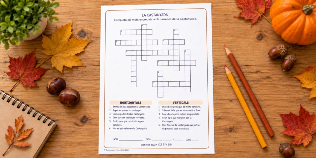 Fitxa de mots encreuats amb paraules de la Castanyada i la tardor, per a 2n de Primària en català.