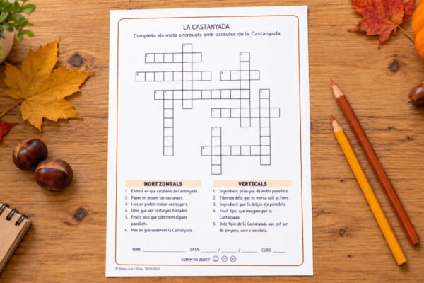 Fitxa de mots encreuats amb paraules de la Castanyada i la tardor, per a 2n de Primària en català.