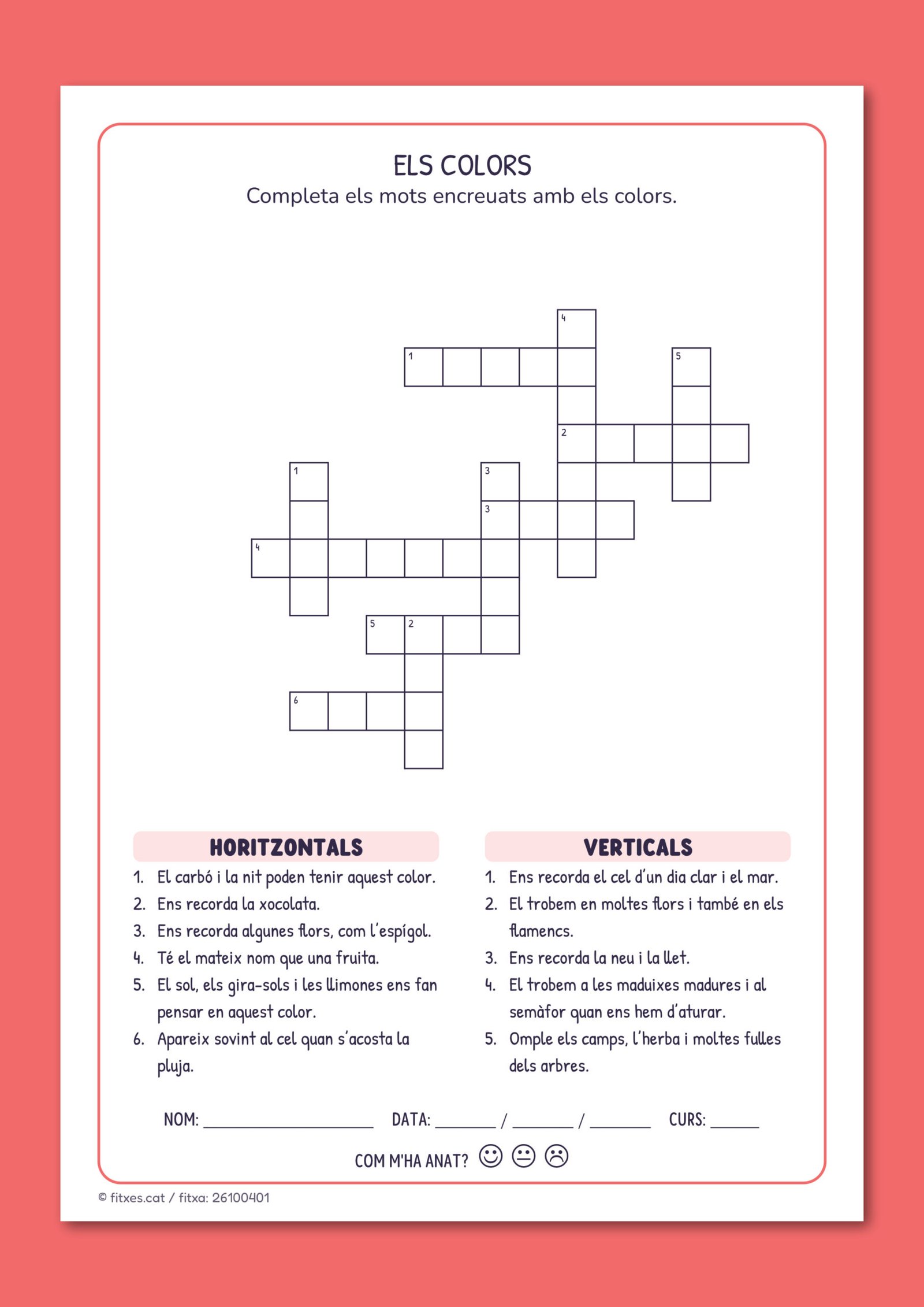 Activitat de mots encreuats amb pistes horitzontals i verticals per escriure els colors, per a 2n de Primària en català.