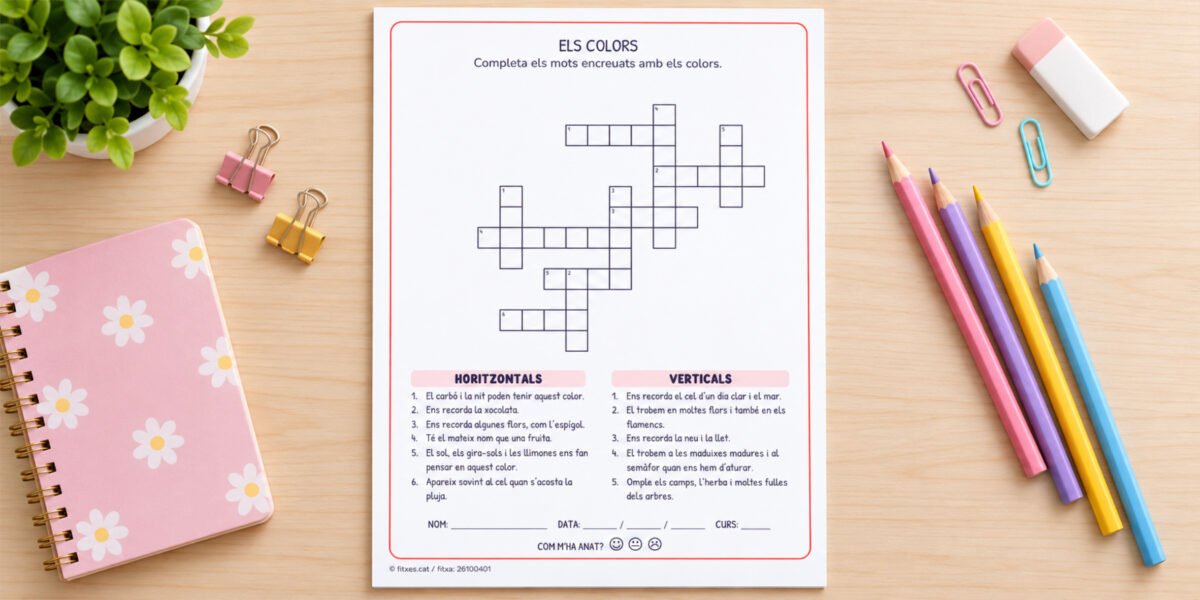 Fitxa de mots encreuats dels colors per llegir les pistes i escriure cada color, per a 2n de Primària en català.