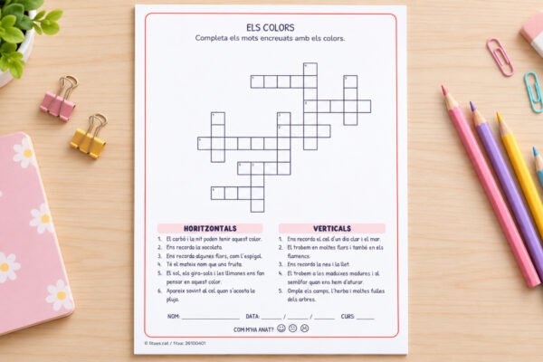 Fitxa de mots encreuats dels colors per llegir les pistes i escriure cada color, per a 2n de Primària en català.