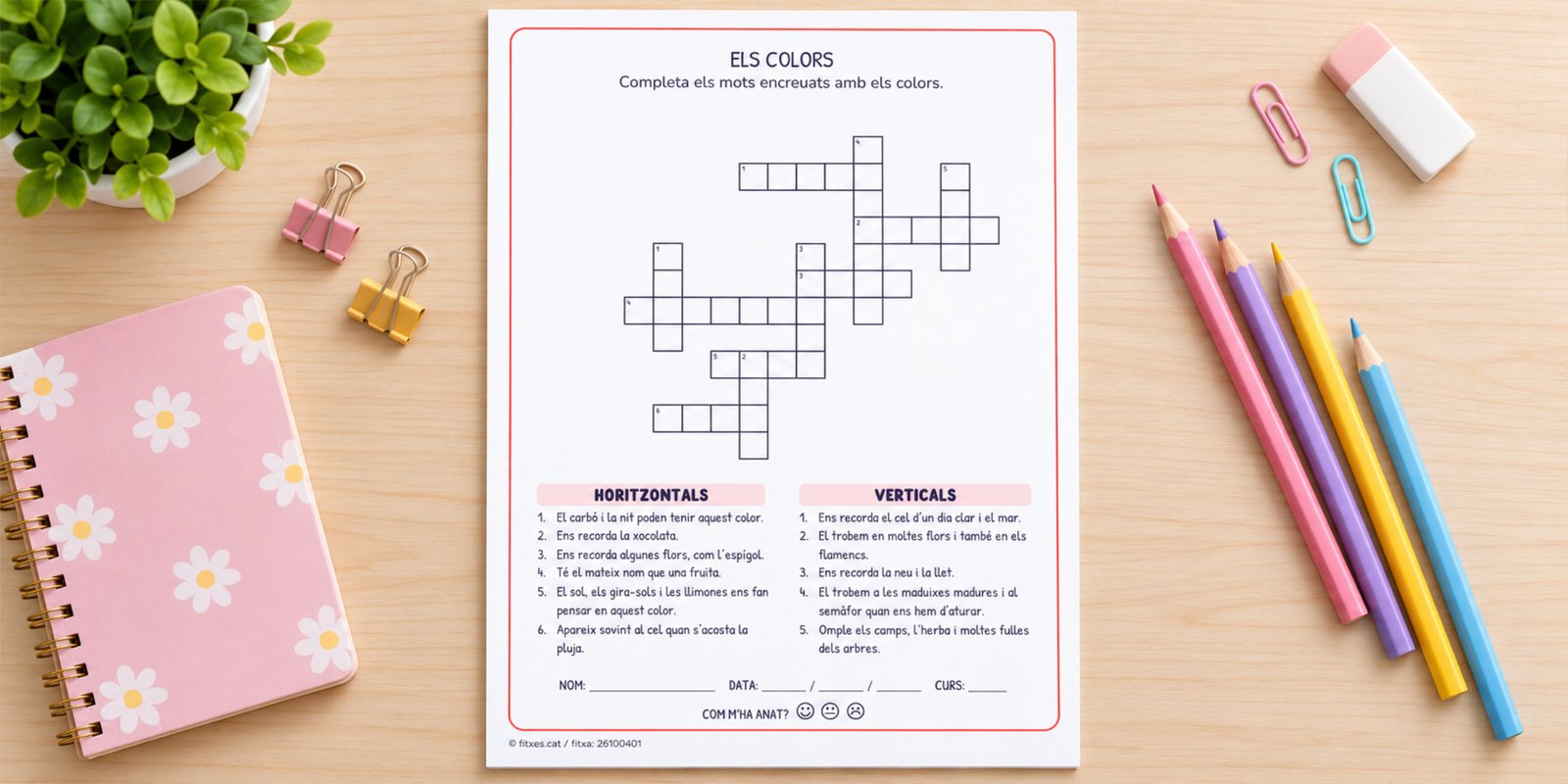 Fitxa de mots encreuats dels colors per llegir les pistes i escriure cada color, per a 2n de Primària en català.